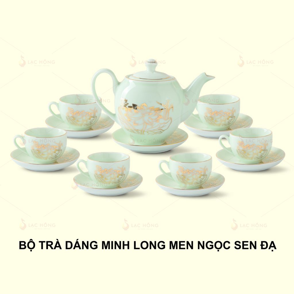 Bộ Trà Dáng Minh Long Men Ngọc Sen Đại Kẻ Vàng
