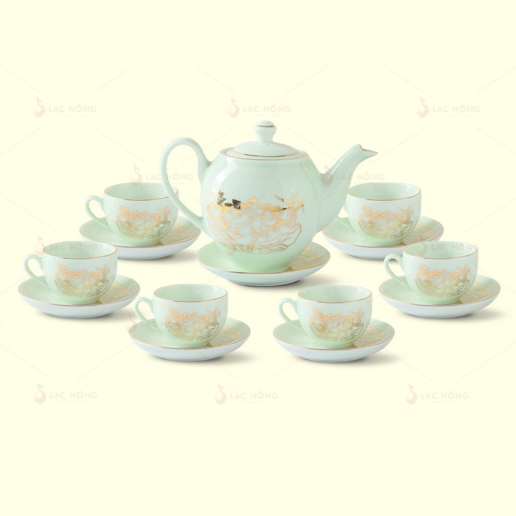 Bộ Trà Dáng Minh Long Men Ngọc Sen Đại Kẻ Vàng