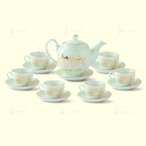  Bộ Trà Dáng Minh Long Men Ngọc Sen Đại Kẻ Vàng 