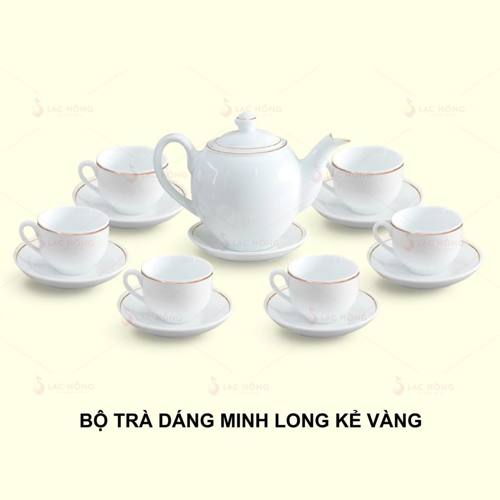 Bộ Trà Dáng Minh Long Trắng Kẻ Vàng