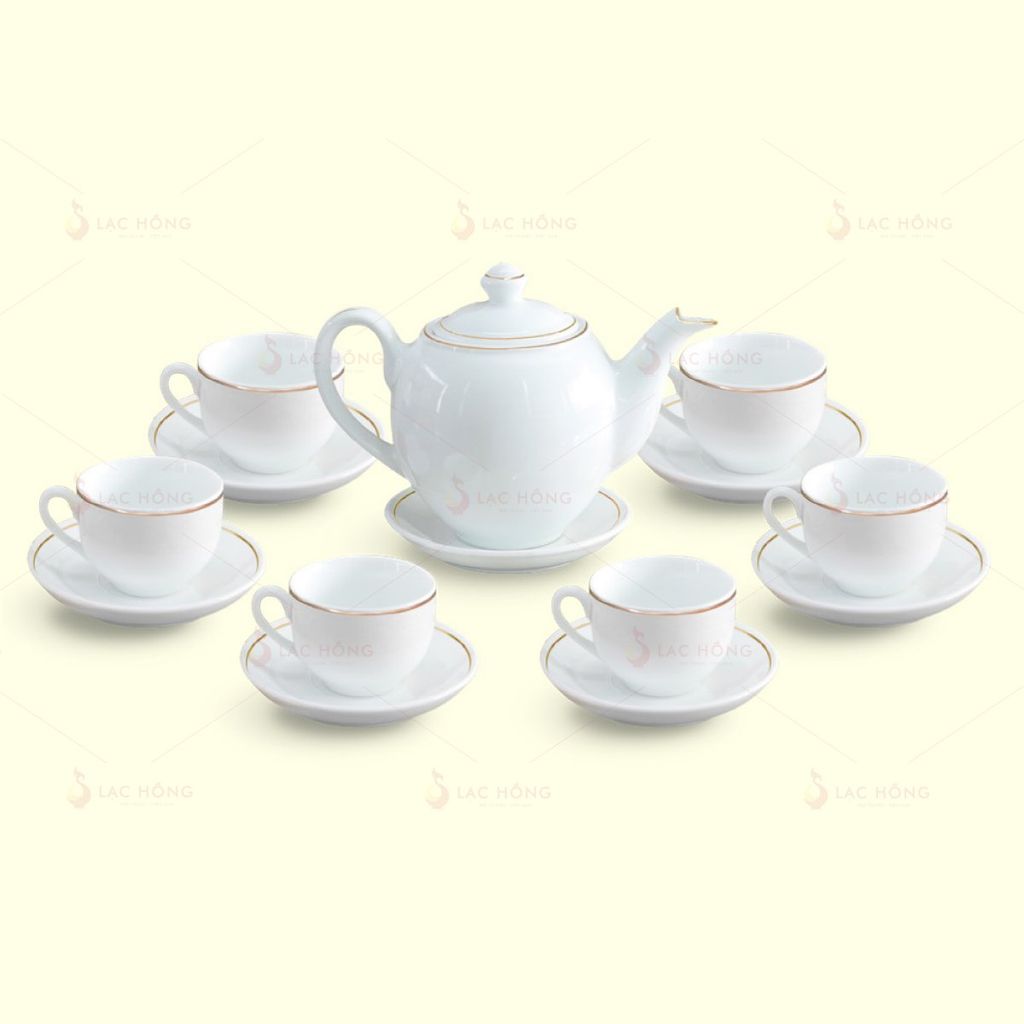 Bộ Trà Dáng Minh Long Trắng Kẻ Vàng