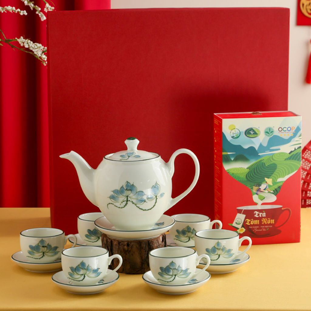 Bộ Trà Dáng Minh Long Vẽ Sen + Hộp Trà Mây