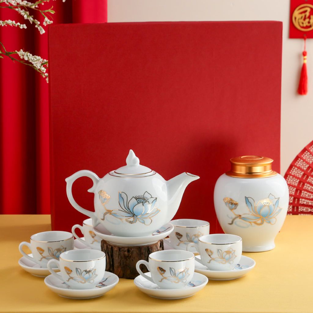Bộ Trà Dáng Ngọn Lửa + Hũ Trà Sen Xanh Kẻ Vàng