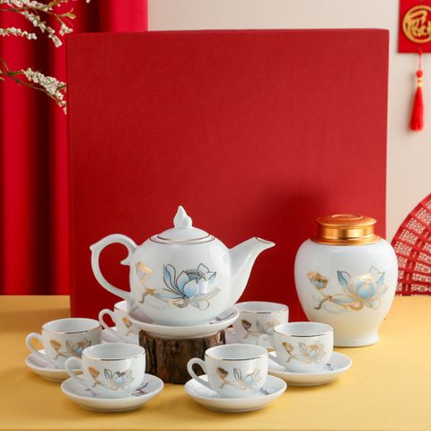  Bộ Trà Dáng Ngọn Lửa + Hũ Trà Sen Xanh Kẻ Vàng 