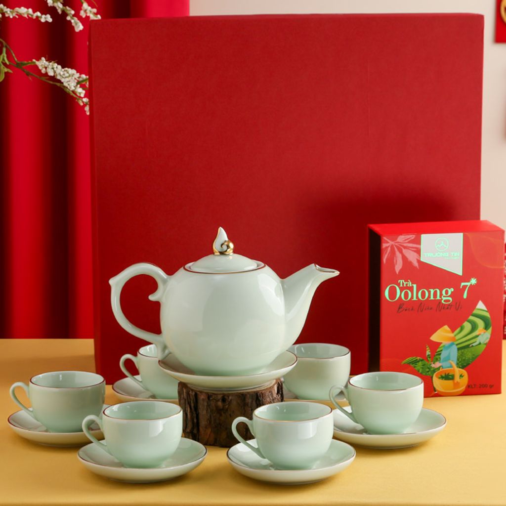 Bộ Trà Dáng Ngọn Lửa Men Ngọc + Hộp Trà O Long