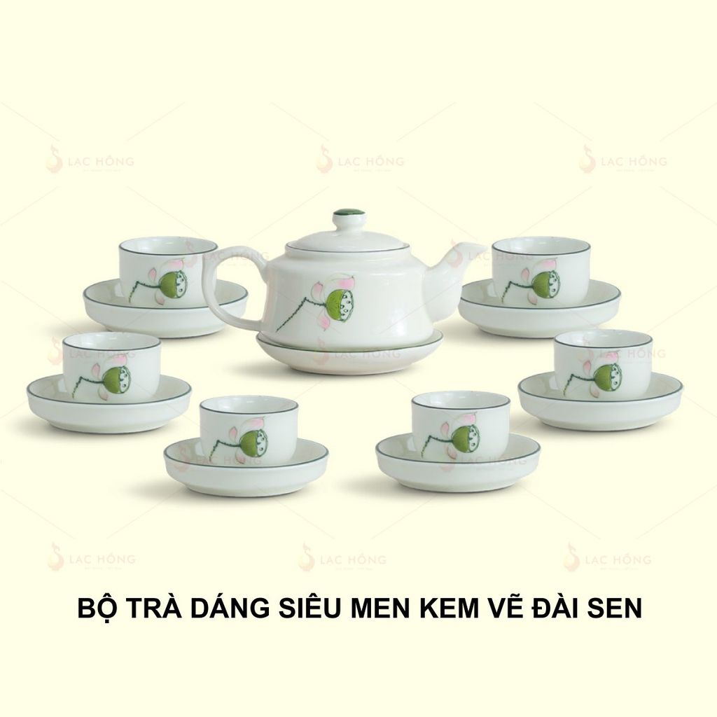 Bộ Trà Dáng Siêu Men Kem Vẽ Đài Sen