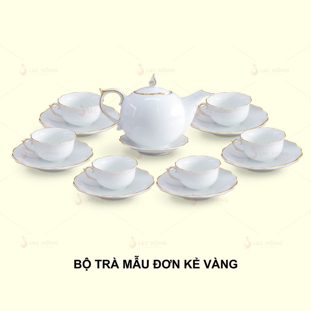 Bộ Trà Mẫu Đơn Trắng Kẻ Vàng