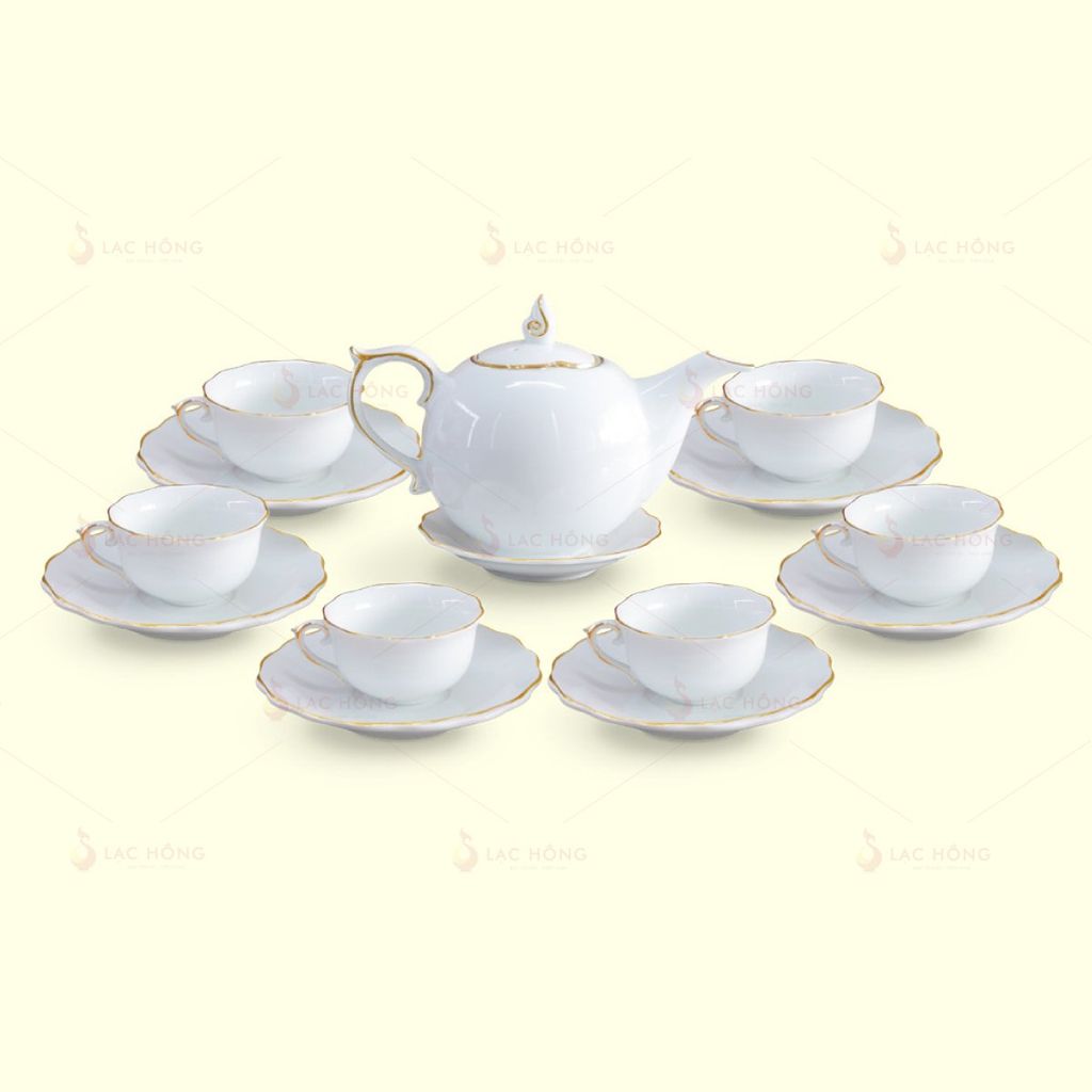 Bộ Trà Mẫu Đơn Trắng Kẻ Vàng