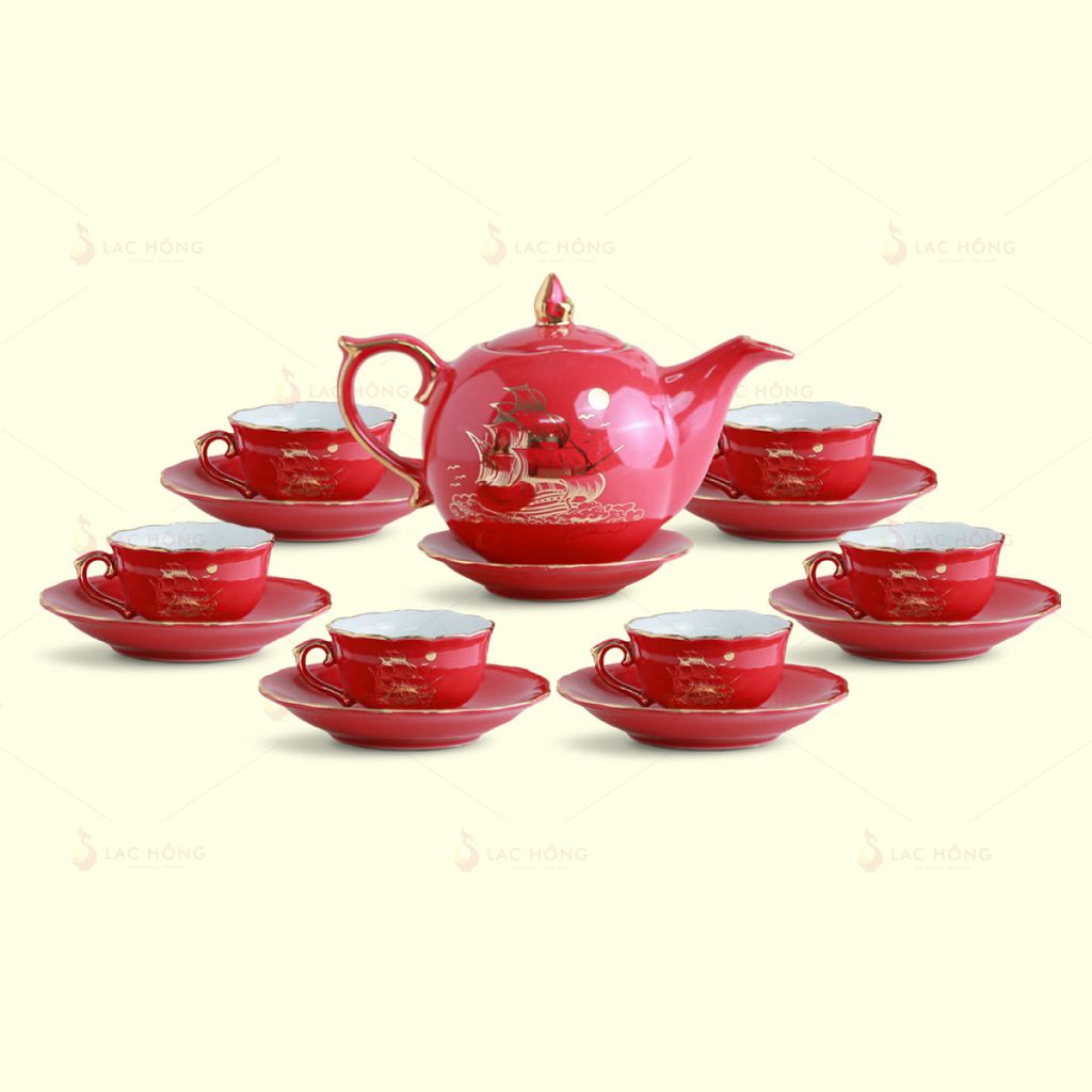 Bộ Trà Mẫu Đơn Men Đỏ Thuận Buồm Kẻ Vàng