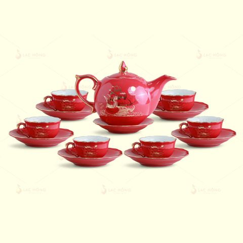  Bộ Trà Mẫu Đơn Men Đỏ Thuận Buồm Kẻ Vàng 