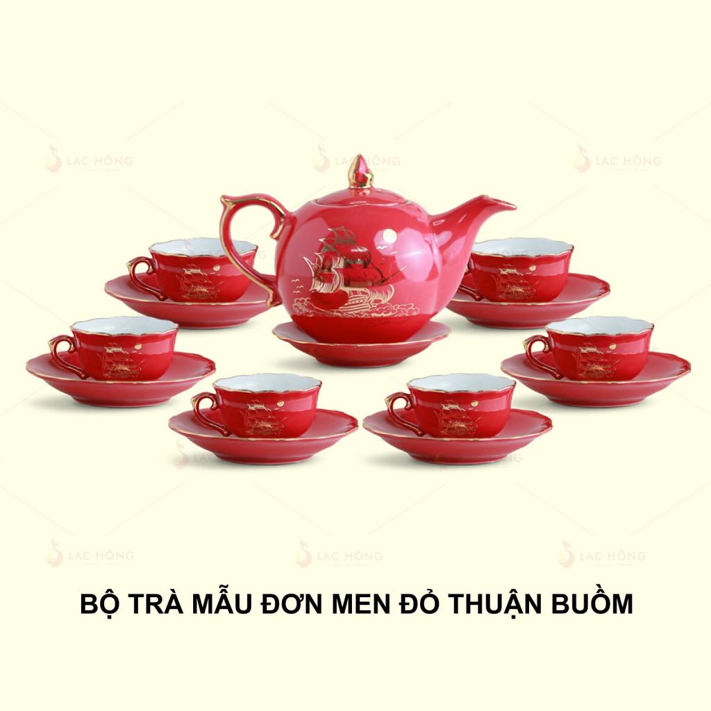 Bộ Trà Mẫu Đơn Men Đỏ Thuận Buồm Kẻ Vàng