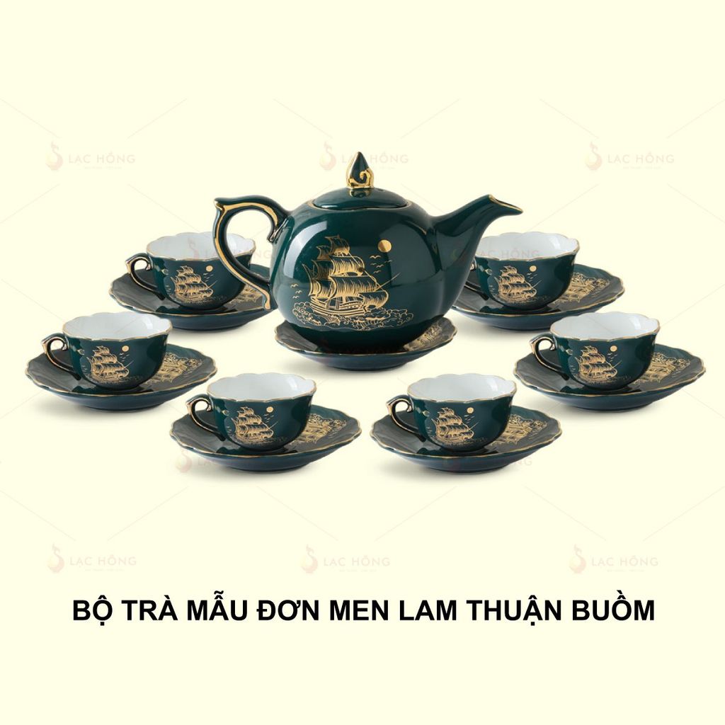 Bộ Trà Mẫu Đơn Men Lam Thuận Buồm Kẻ Vàng