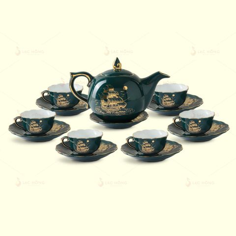  Bộ Trà Mẫu Đơn Men Lam Thuận Buồm Kẻ Vàng 