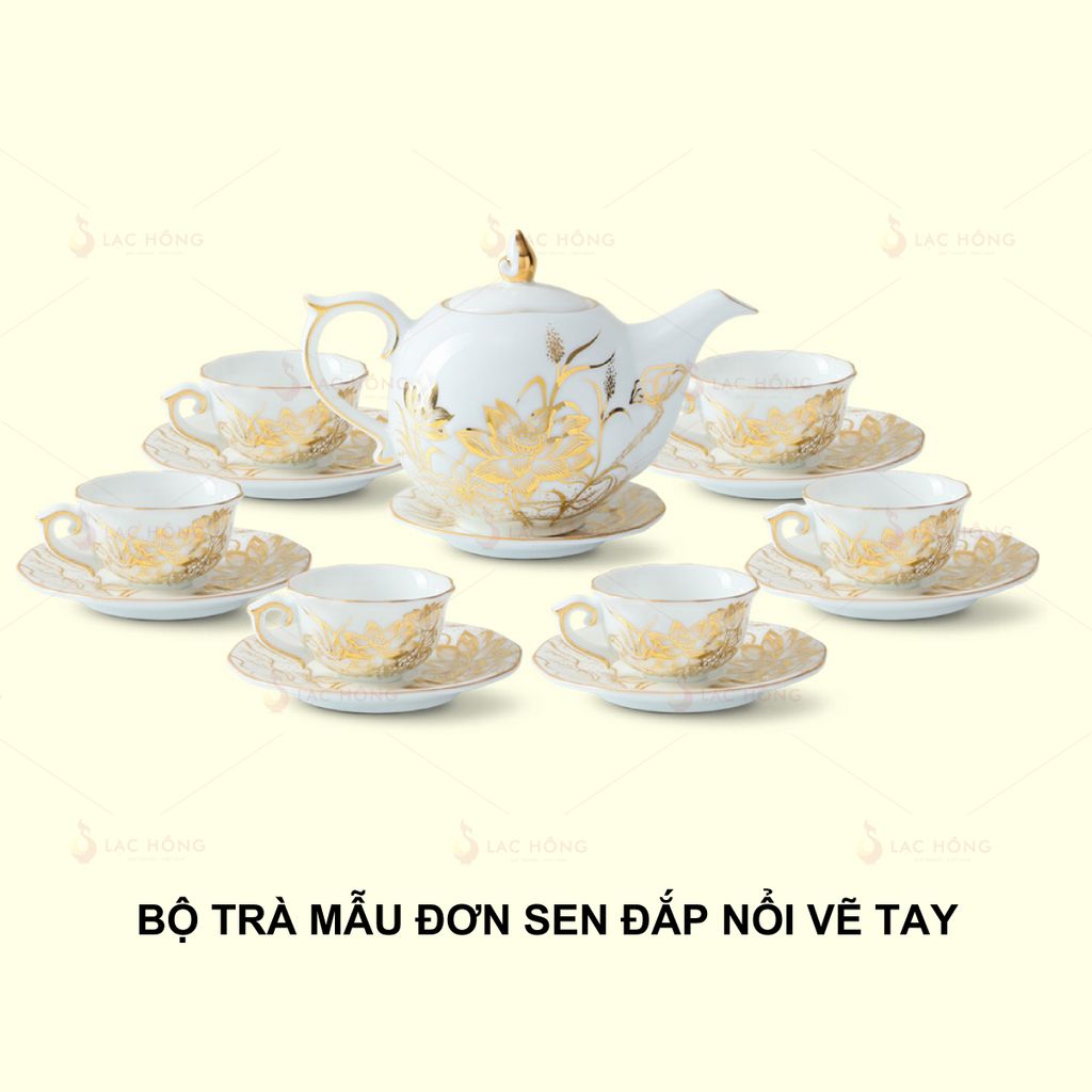 Bộ Trà Mẫu Đơn Sen Đắp Nổi Vẽ Tay