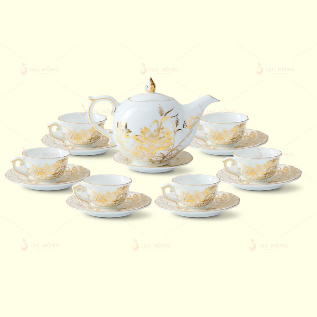 Bộ Trà Mẫu Đơn Sen Đắp Nổi Vẽ Tay