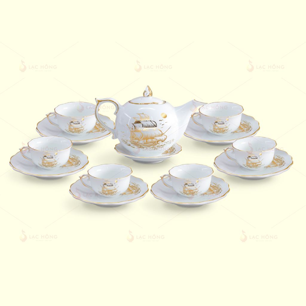 Bộ Trà Mẫu Đơn Thuận Buồm Kẻ Vàng