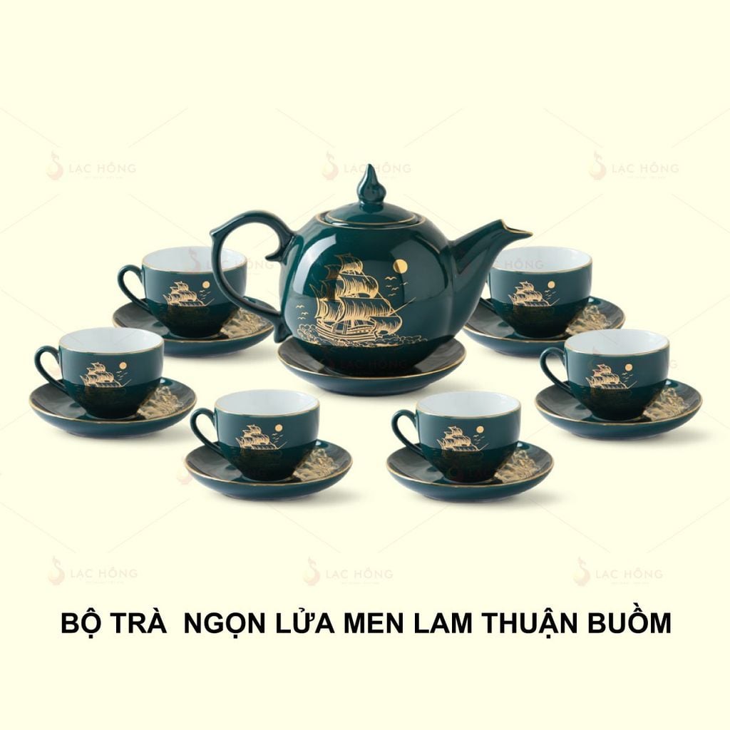 Bộ Trà Ngọn Lửa Men Lam Thuận Buồm Kẻ Vàng