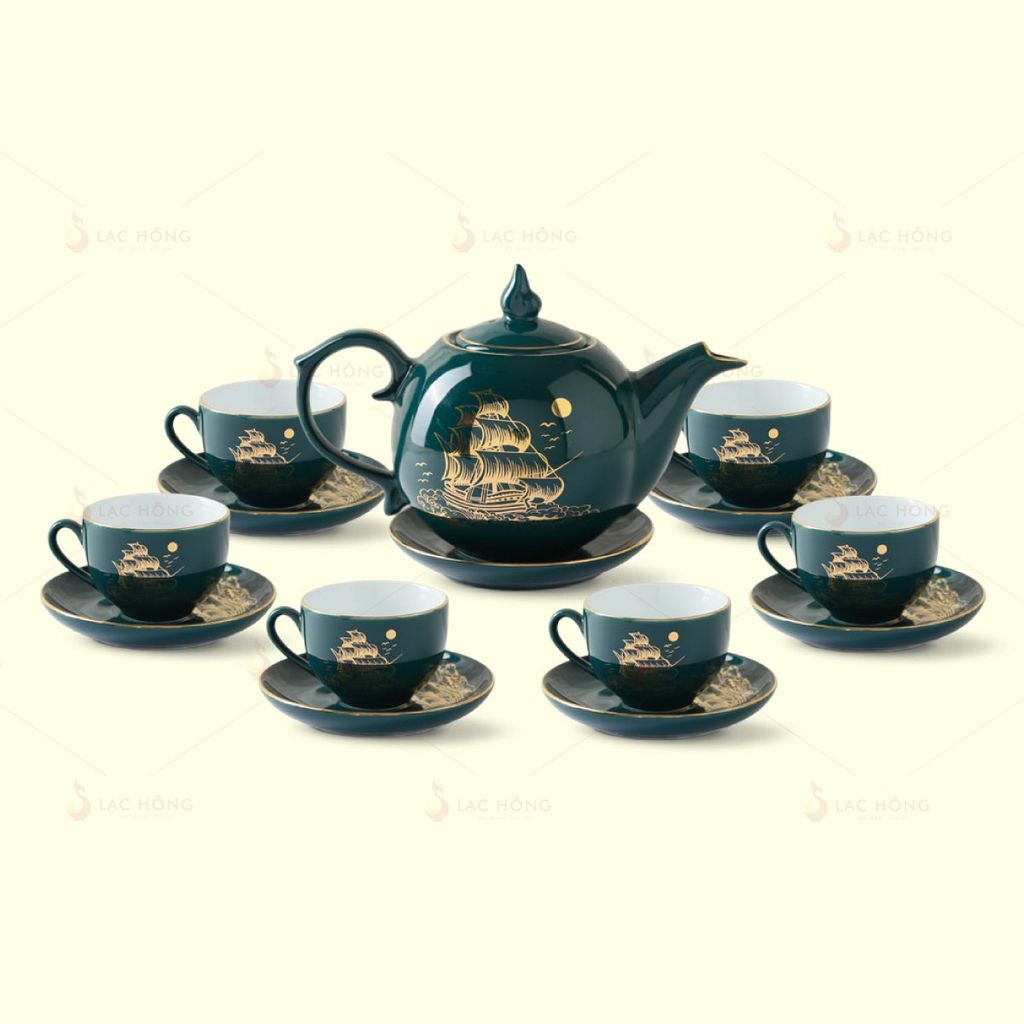 Bộ Trà Ngọn Lửa Men Lam Thuận Buồm Kẻ Vàng