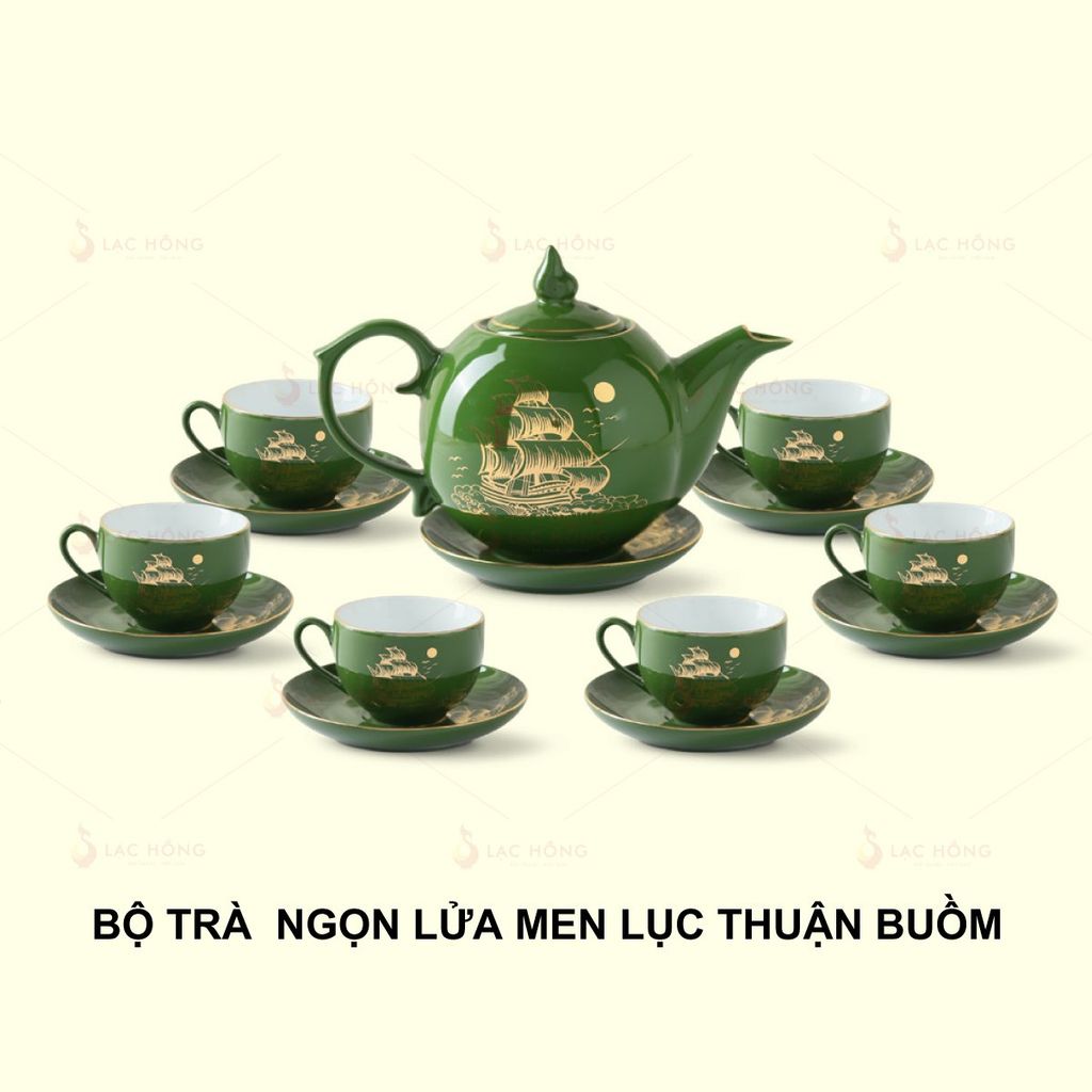 Bộ Trà Ngọn Lửa Men Lục Thuận Buồm Kẻ Vàng