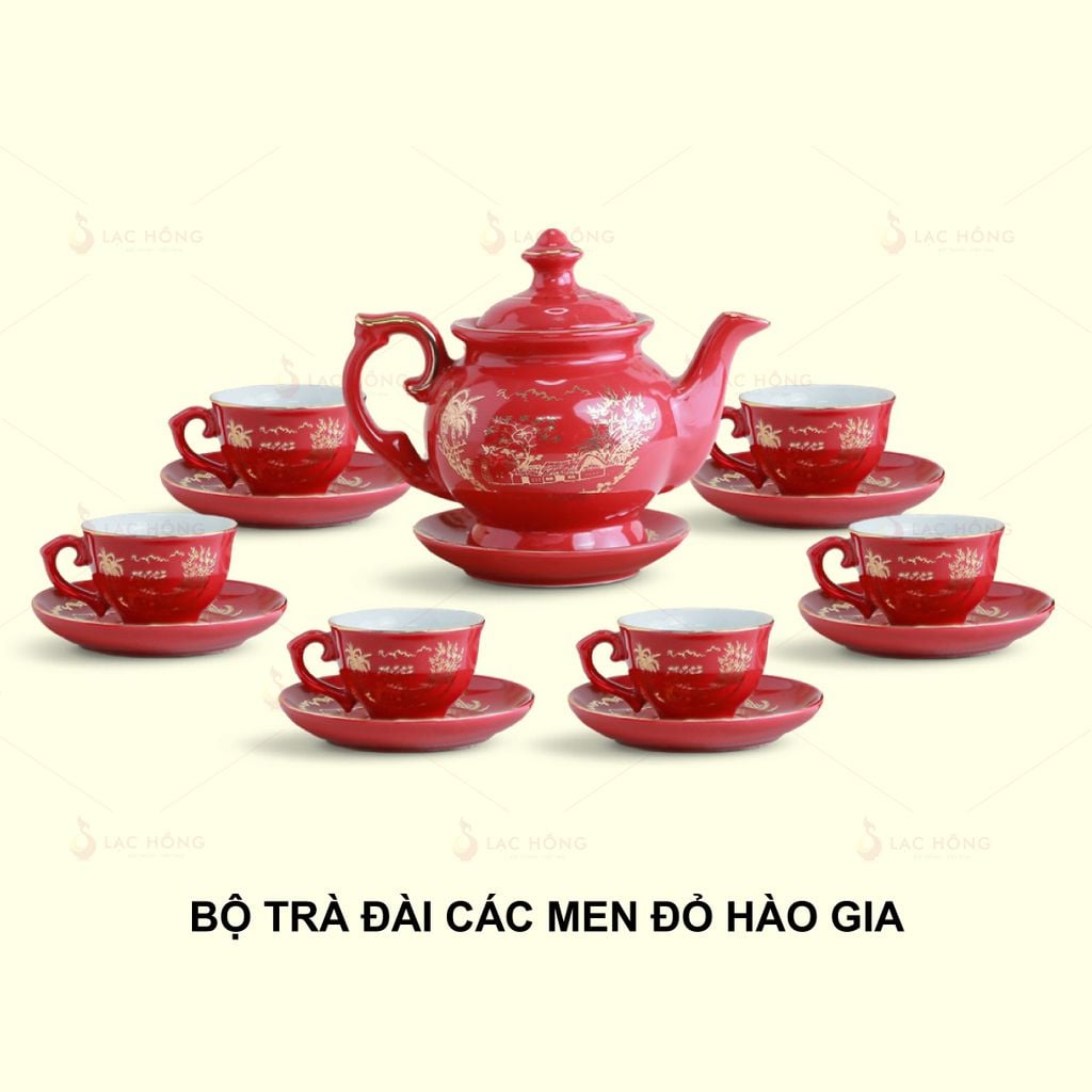 Bộ Trà Thần Đèn Men Đỏ Hào Gia Kẻ Vàng