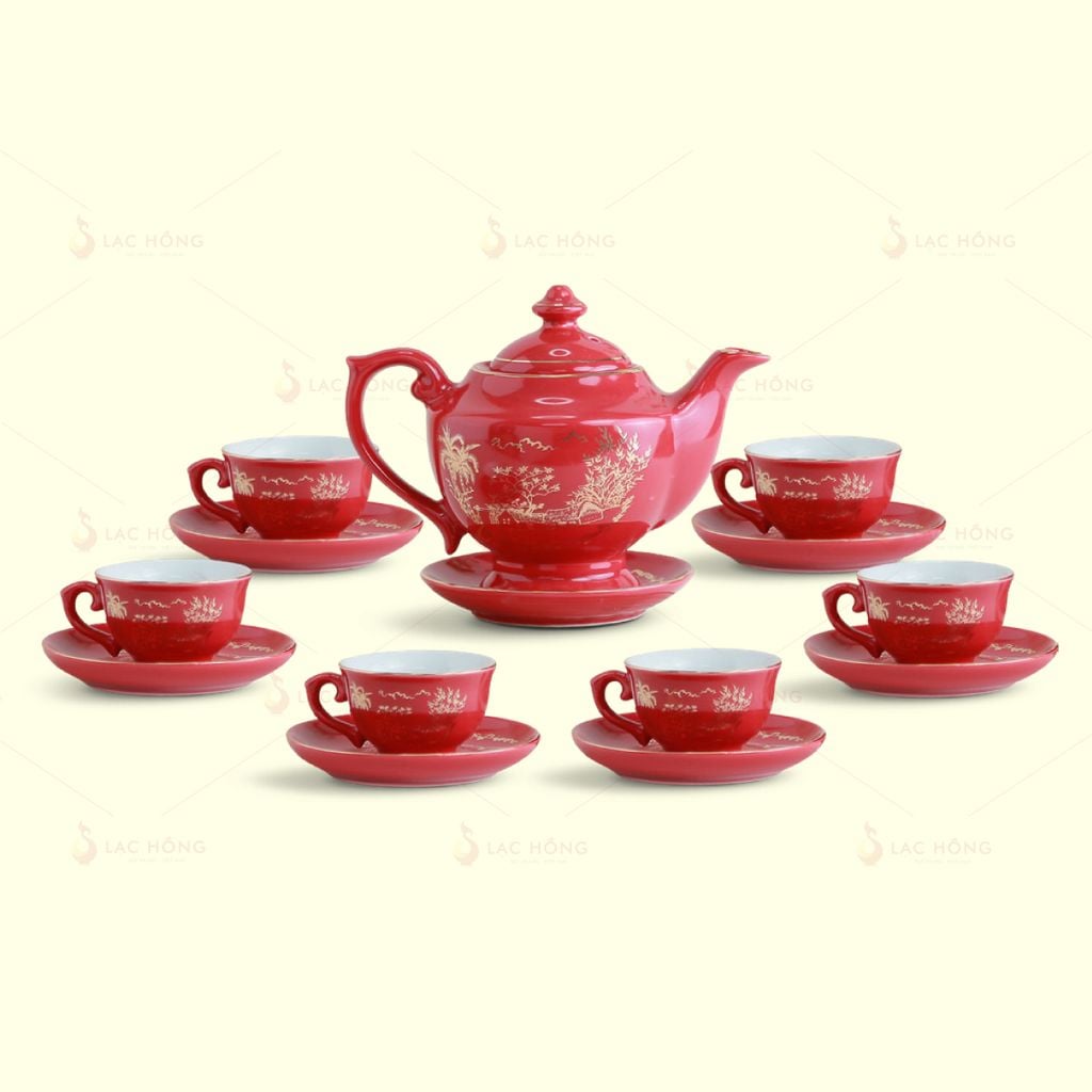 Bộ Trà Thần Đèn Men Đỏ Hào Gia Kẻ Vàng