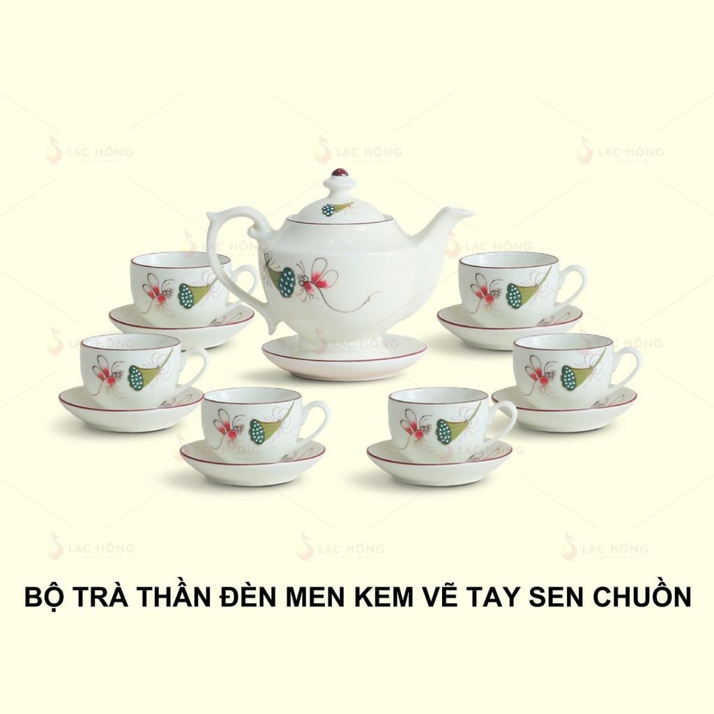 Bộ Trà Thần Đèn Men Kem Vẽ Tay Sen Chuồn