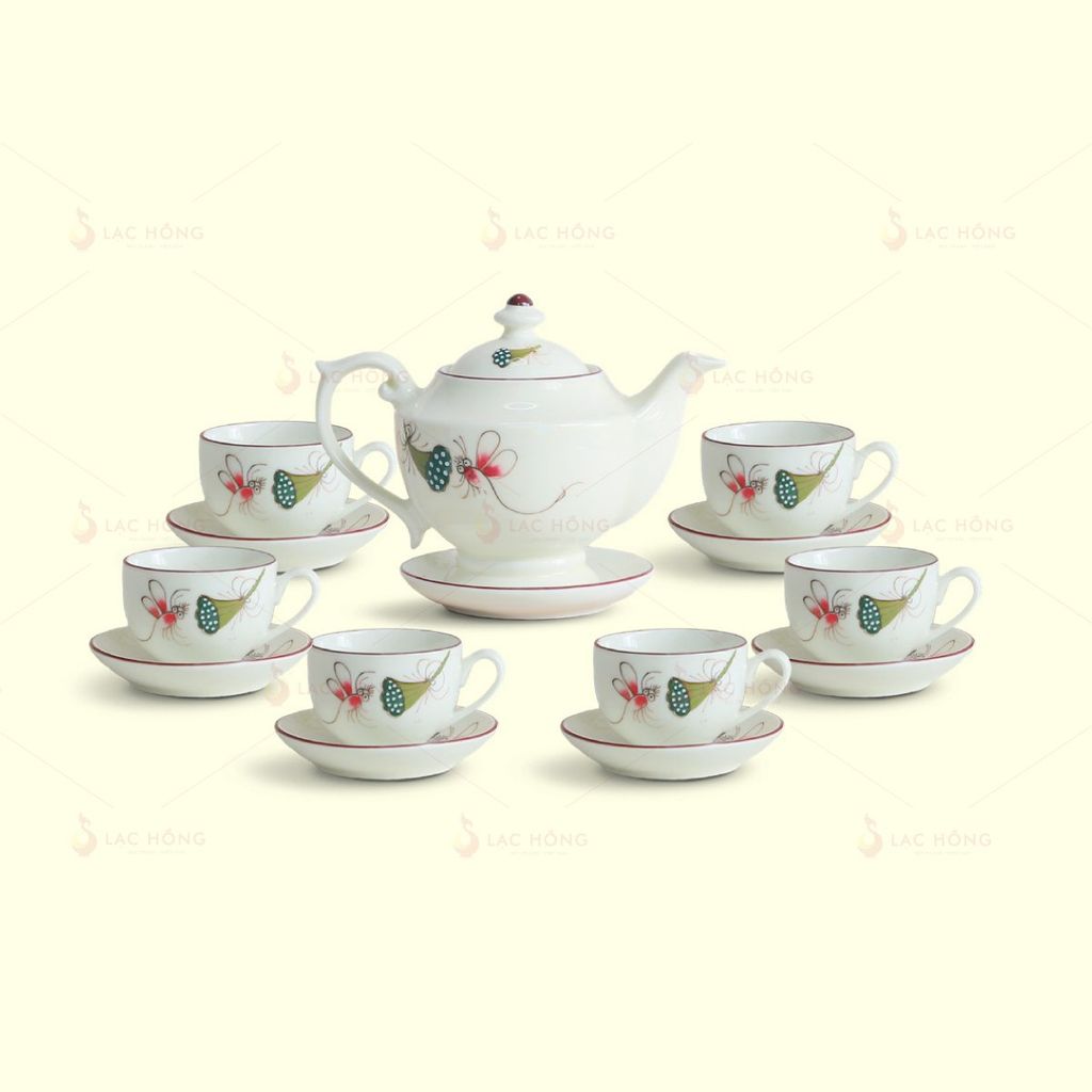 Bộ Trà Thần Đèn Men Kem Vẽ Tay Sen Chuồn