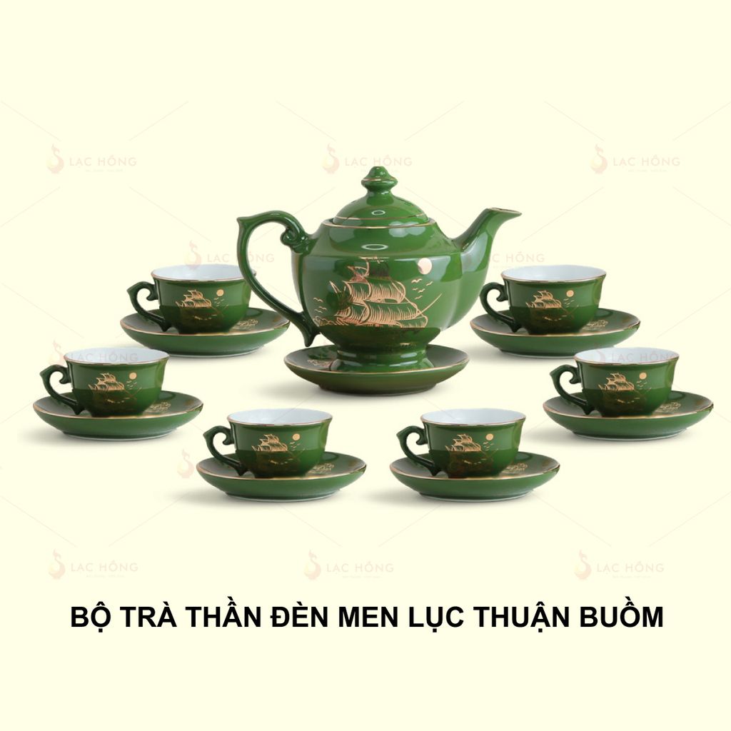 Bộ Trà Thần Đèn Men Lục Thuận Buồm Kẻ Vàng
