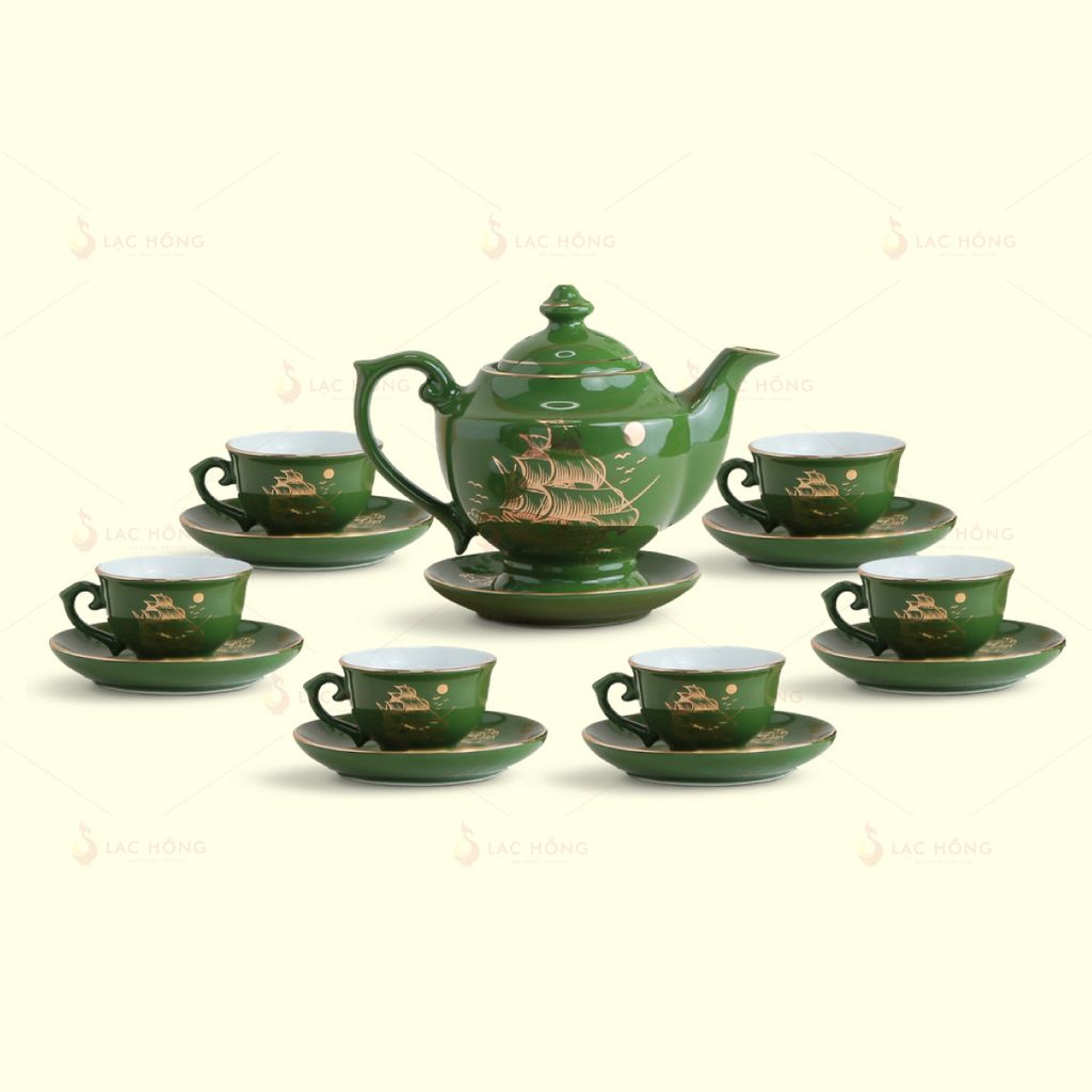 Bộ Trà Thần Đèn Men Lục Thuận Buồm Kẻ Vàng