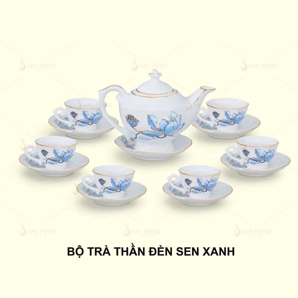 Bộ Trà Thần Đèn Sen Xanh Kẻ Vàng