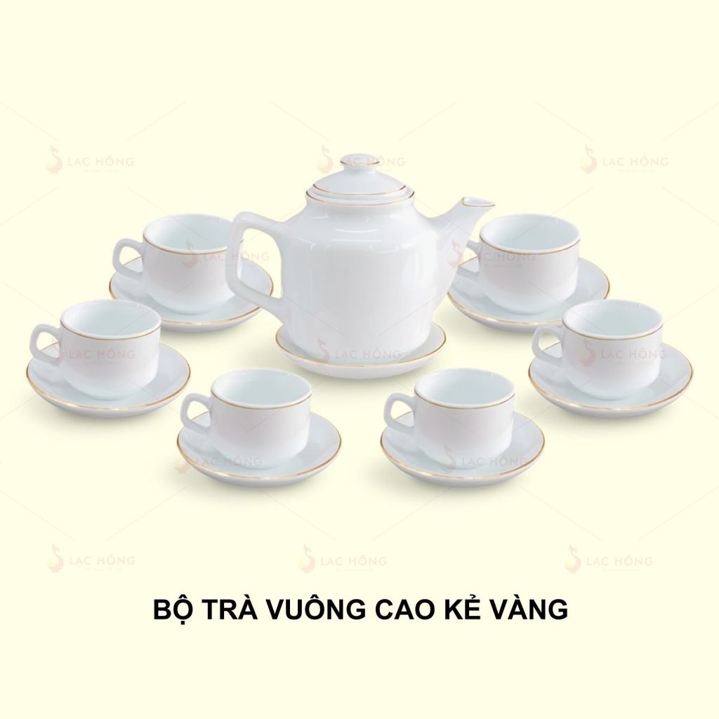 Bộ Trà Vuông Cao Trắng Kẻ Vàng