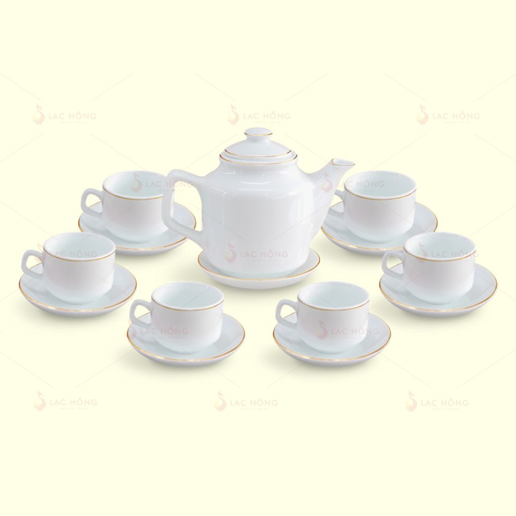 Bộ Trà Vuông Cao Trắng Kẻ Vàng