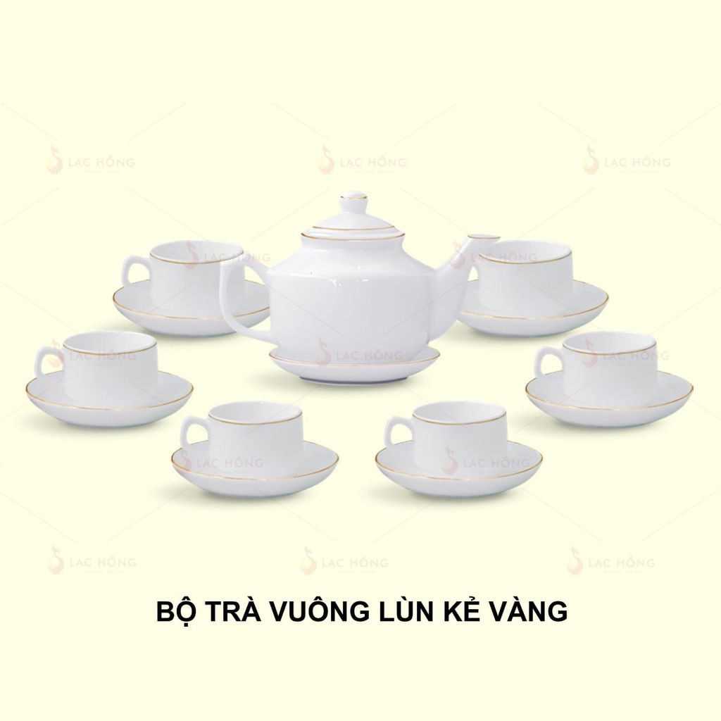 Bộ Trà Vuông Lùn Trắng Kẻ Vàng