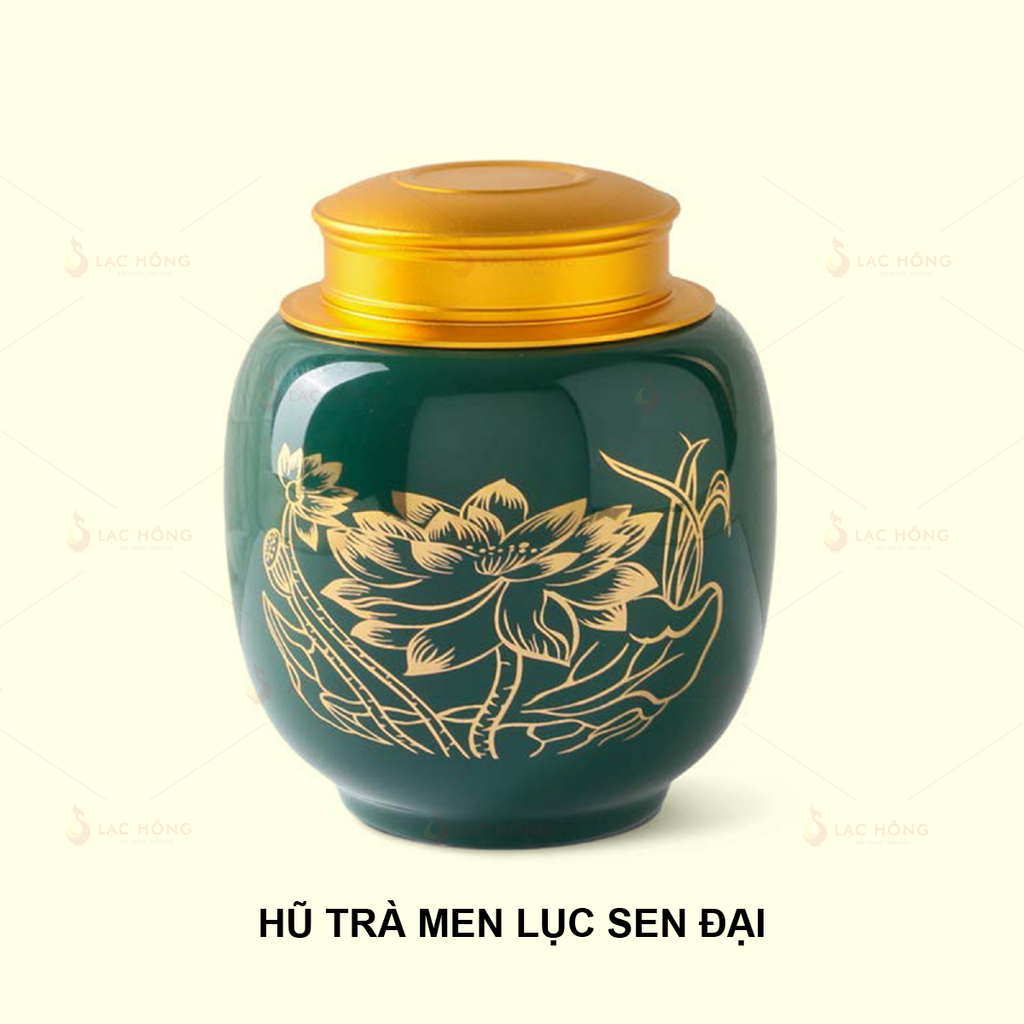 Hũ Trà Men Lục Sen Đại Vẽ Vàng