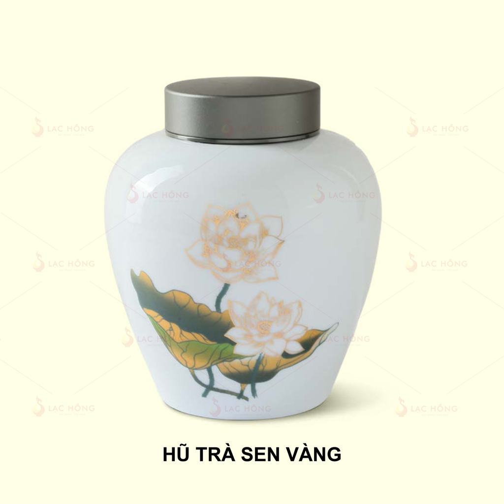 Hũ Trà Men Trắng Hoa Sen Vàng Vẽ Vàng