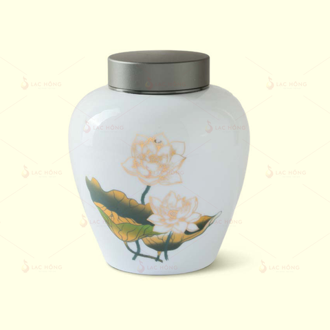  Hũ Trà Men Trắng Hoa Sen Vàng Vẽ Vàng 
