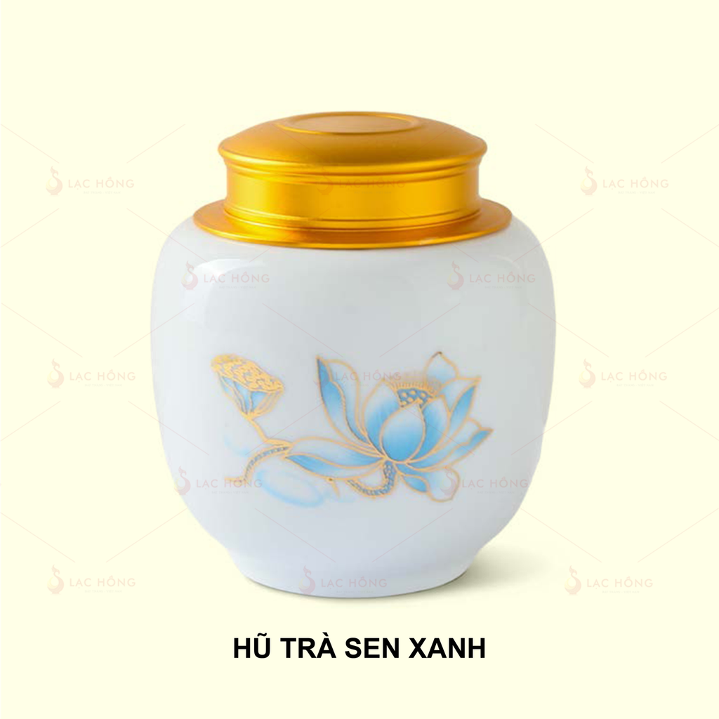Hũ Trà Men Trắng Hoa Sen Xanh Vẽ Vàng