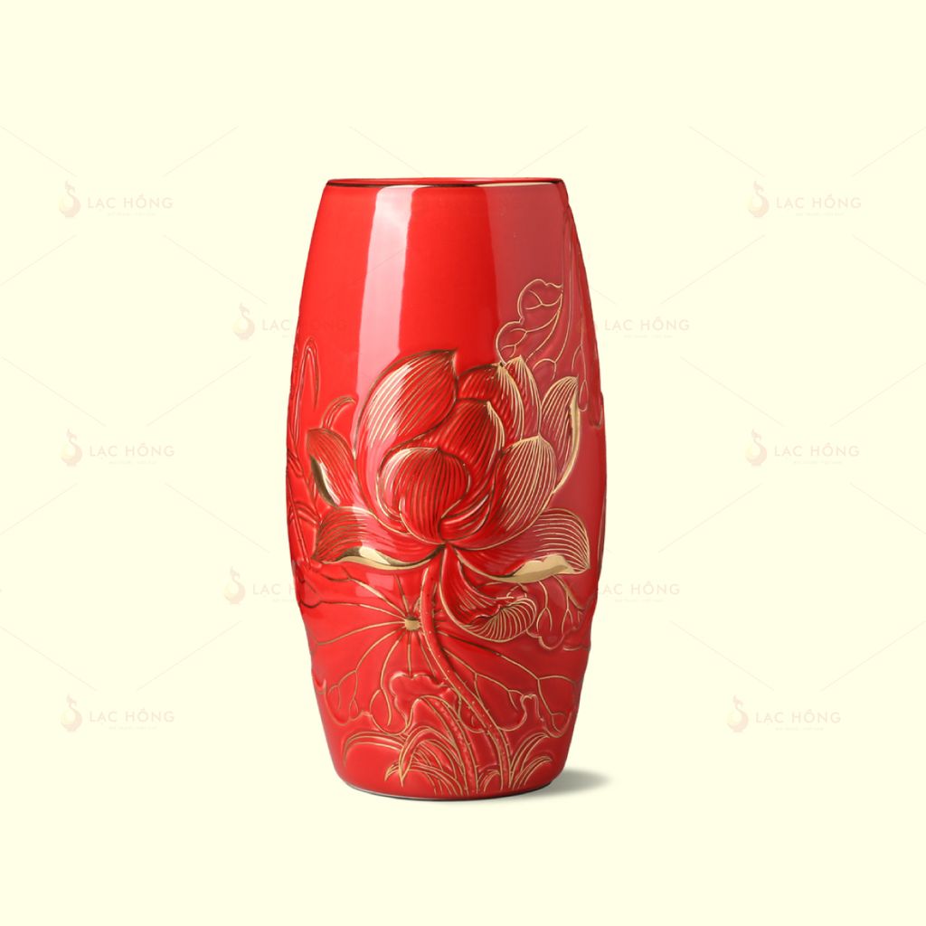 Lọ Hoa Dáng Bom Men Đỏ Sen Đại Kẻ Vàng