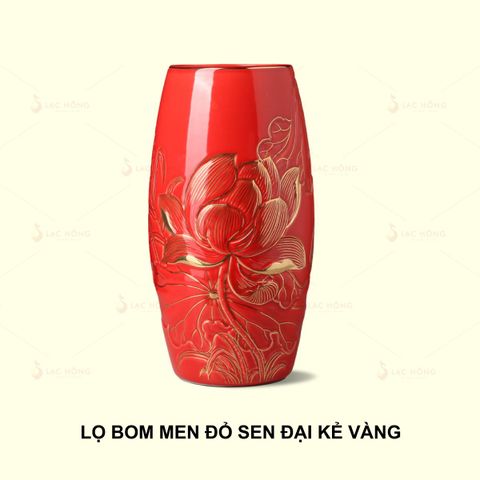  Lọ Hoa Dáng Bom Men Đỏ Sen Đại Kẻ Vàng 