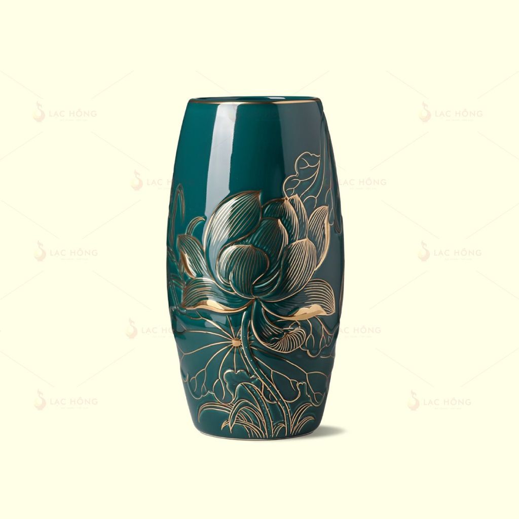 Lọ Hoa Dáng Bom Men Lục Sen Đại Kẻ Vàng