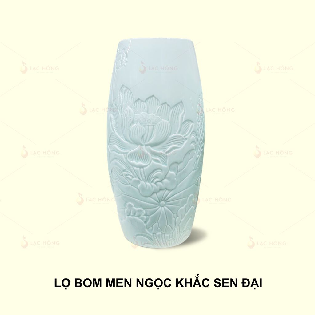Lọ Hoa Dáng Bom Men Ngọc Khắc Sen Đại