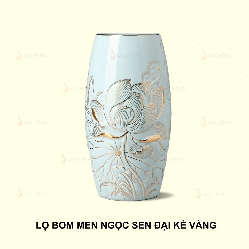 Lọ Hoa Dáng Bom Men Ngọc Sen Đại Kẻ Vàng