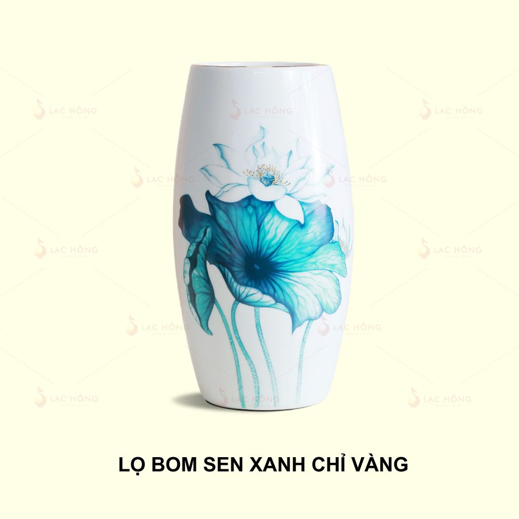 Lọ Hoa Dáng Bom Sen Xanh Chỉ Vàng