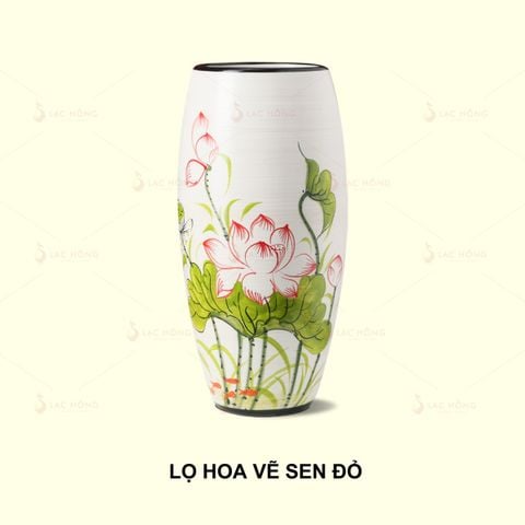  Lọ Hoa Dáng Bom Vẽ Sen Đỏ 