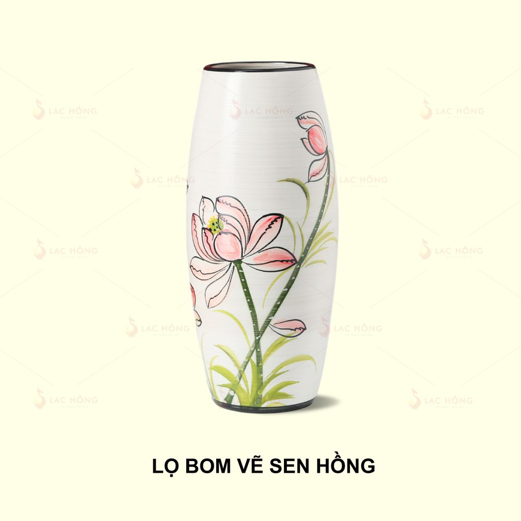 Lọ Hoa Dáng Bom Vẽ Sen Hồng