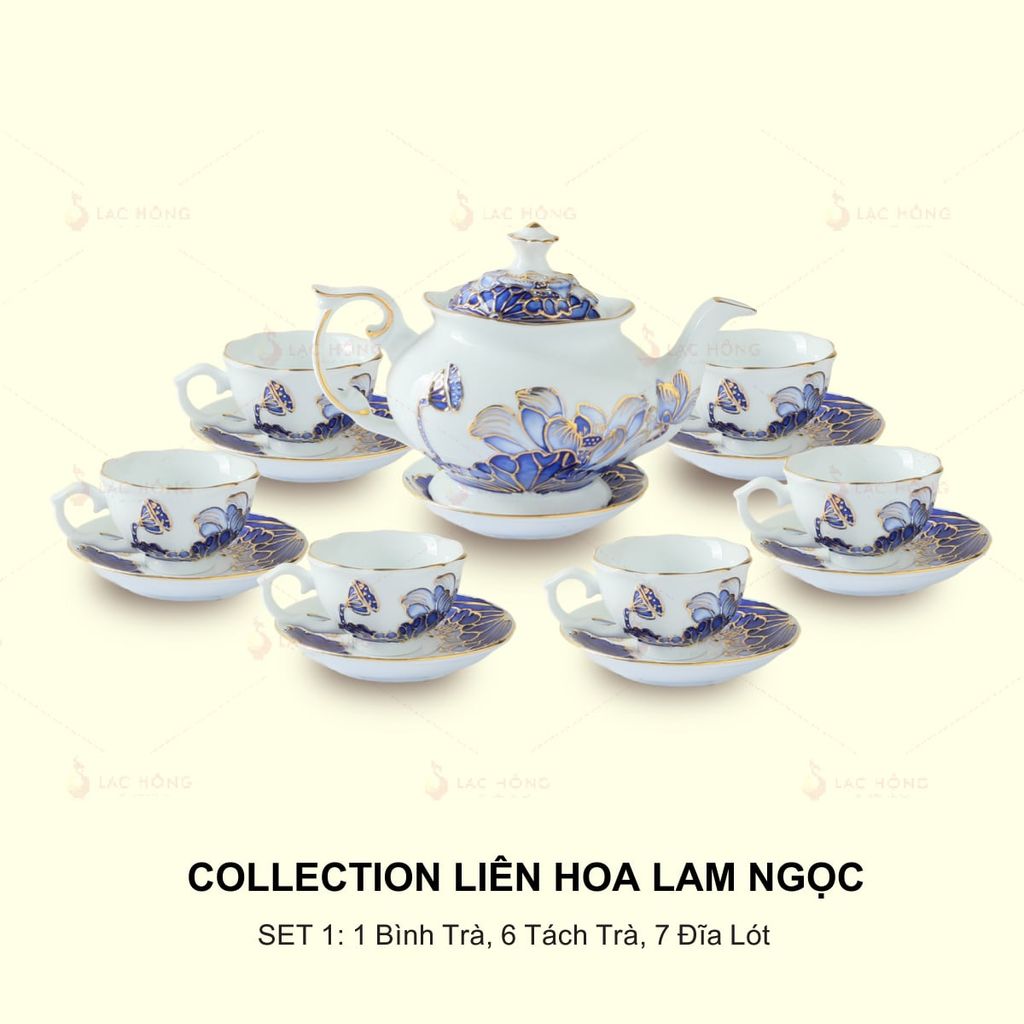 Set 1: Bộ Ấm Trà Liên Hoa Lam Ngọc