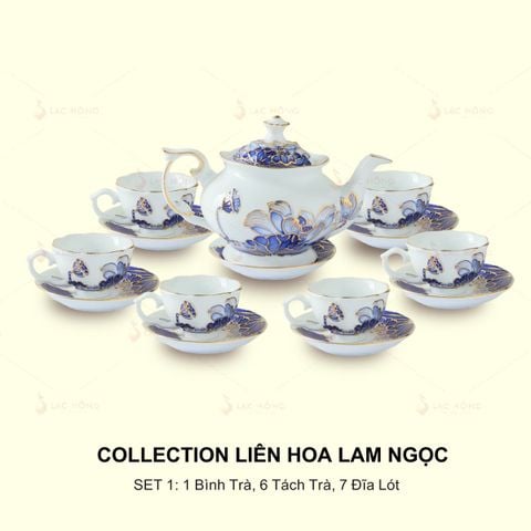  Set 1: Bộ Ấm Trà Liên Hoa Lam Ngọc 