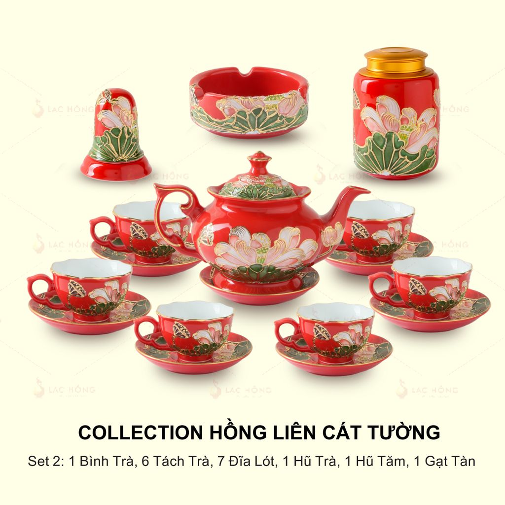 Set 2: Bộ Trà Đầy Đủ Hồng Liên Cát Tường