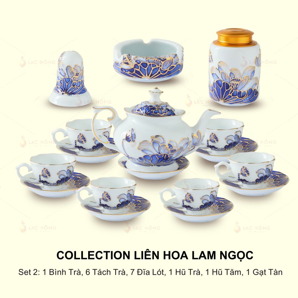 Set 2: Bộ Ấm Trà Đầy Đủ Liên Hoa Lam Ngọc