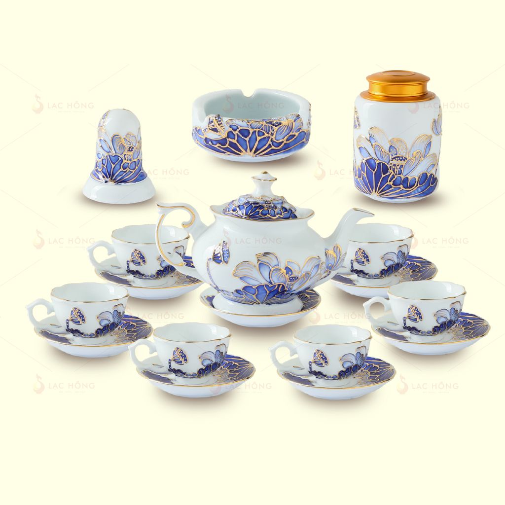 Set 2: Bộ Ấm Trà Đầy Đủ Liên Hoa Lam Ngọc